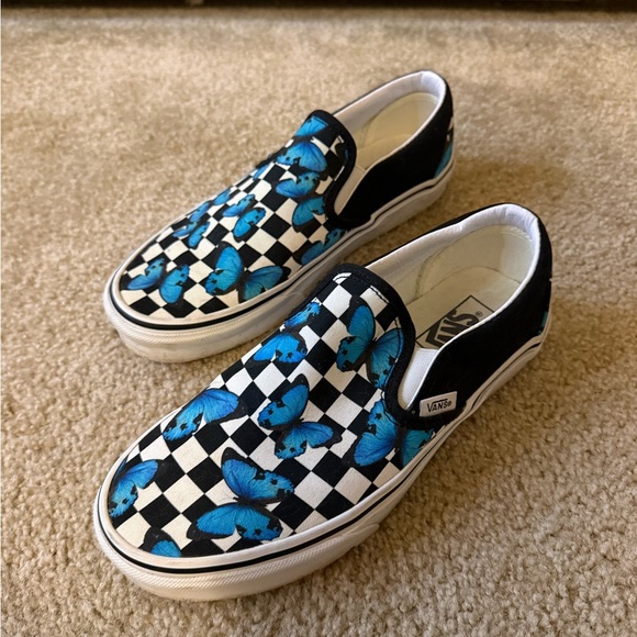 Women’s Vans Black and White Checkered Sneakers with Blue Butterflies - Picture 1 of 2
